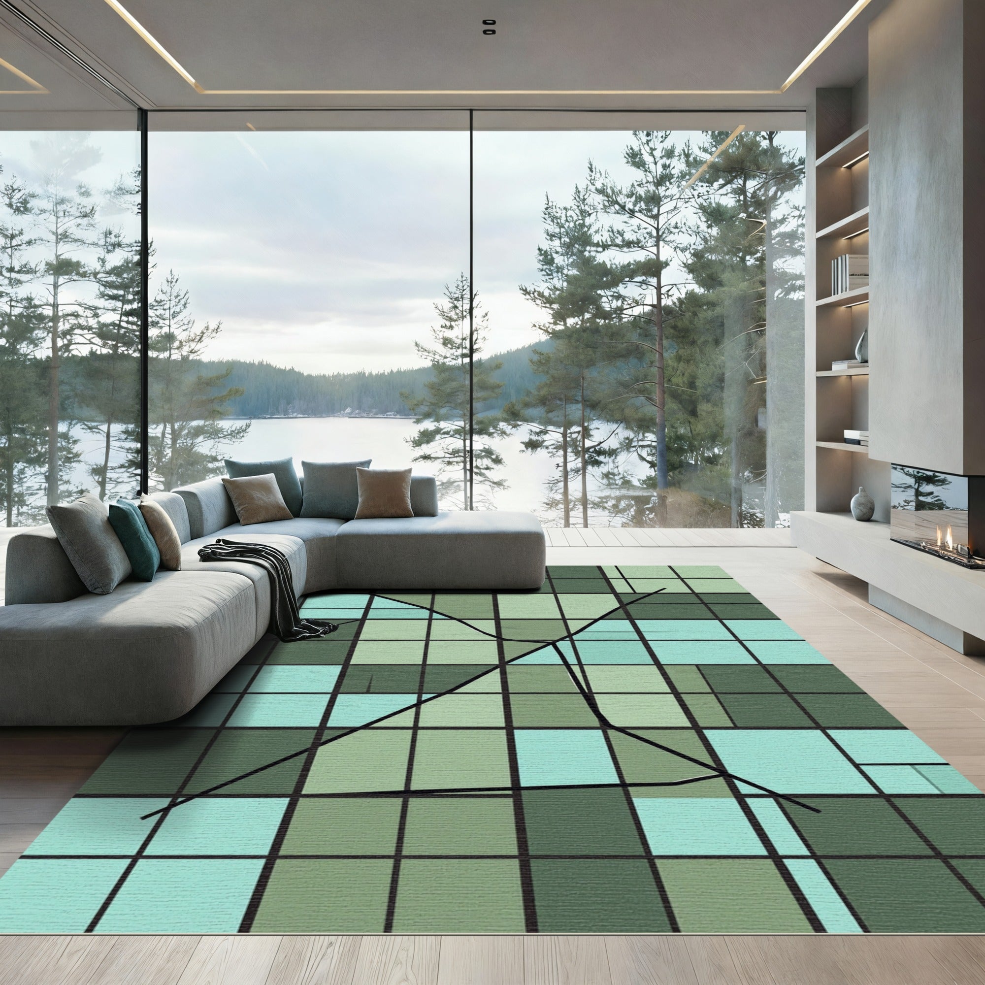 Geometric Teal Sea Lines Rug