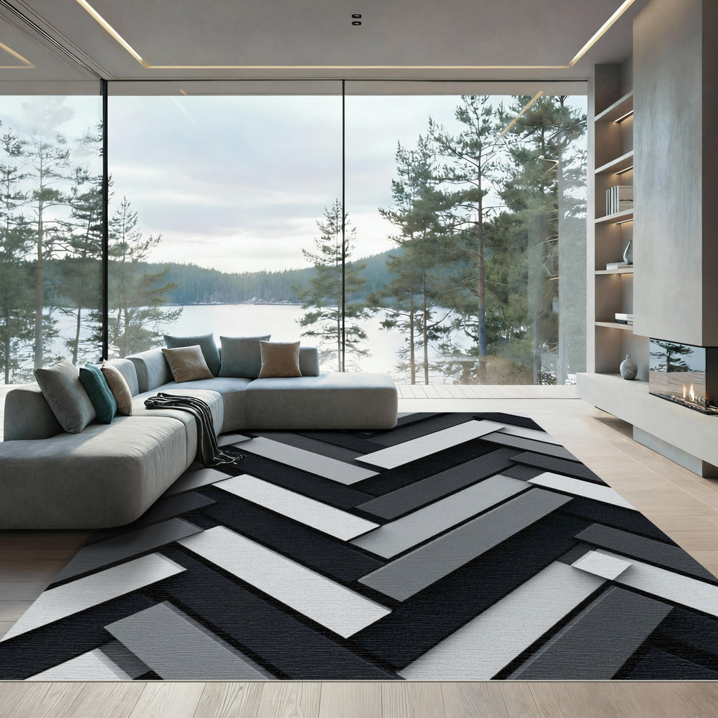 Monochrome Herringbone Interlocking Blocks Rug