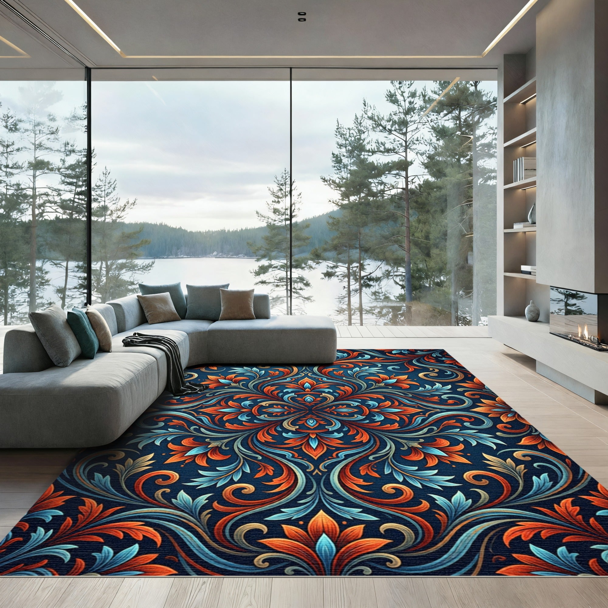 Intricate Floral Swirl Indigo Red Rug