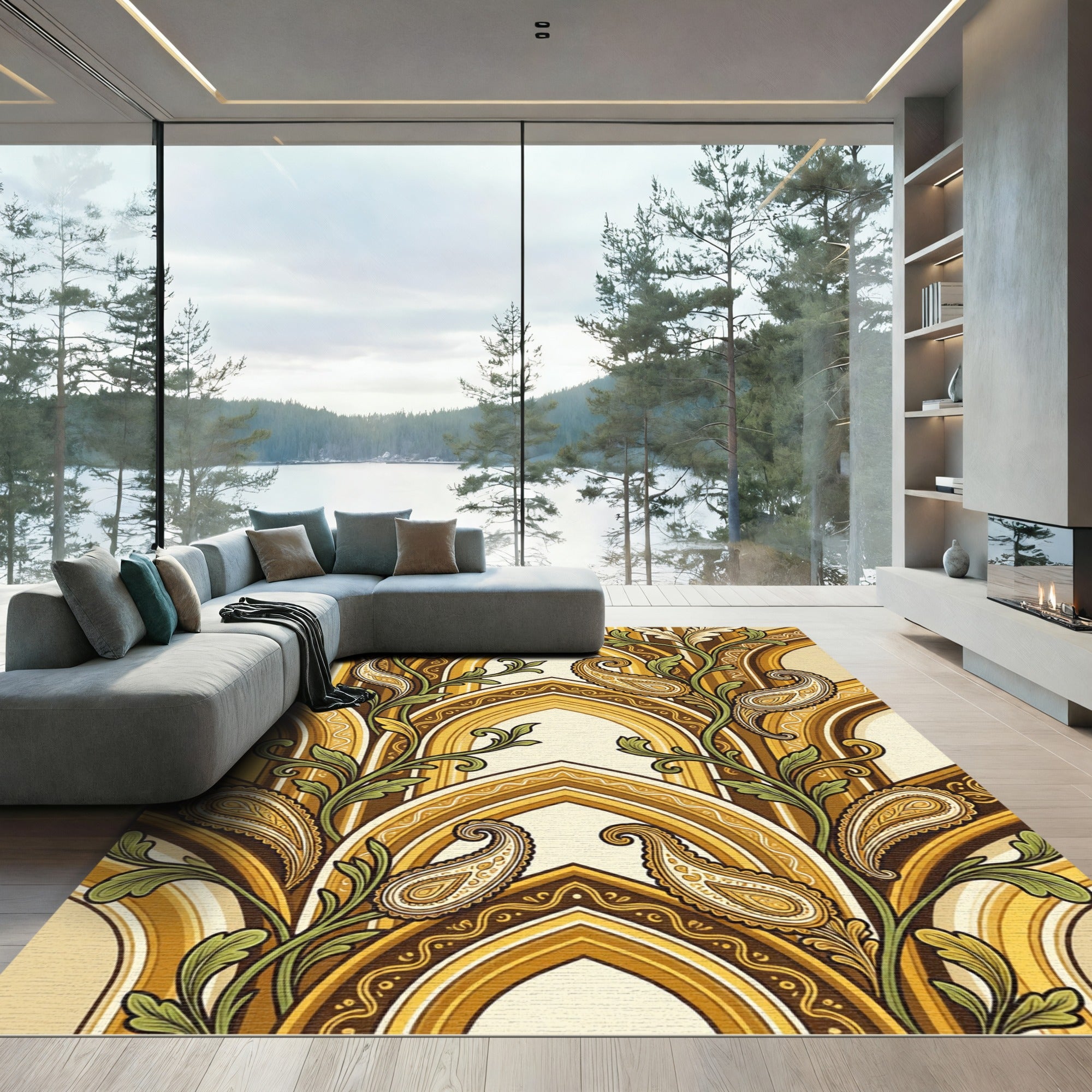 Golden Paisley Arched Floral Vine Rug