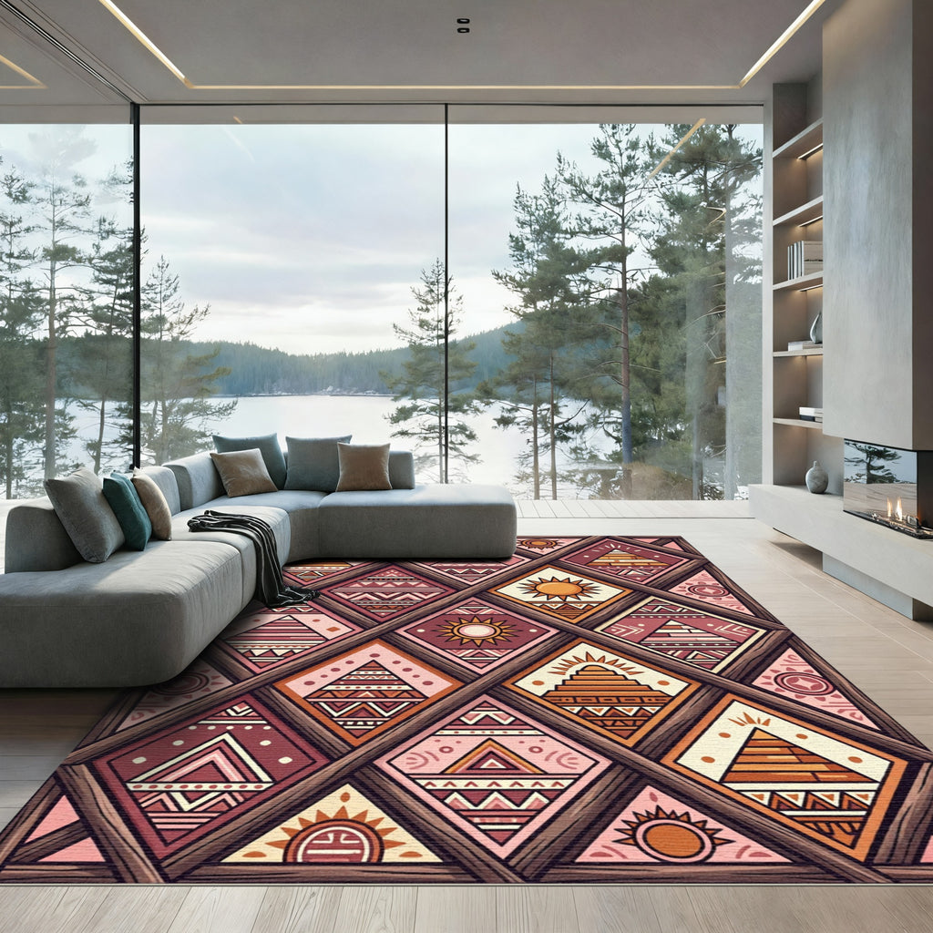 Terracotta Sun Diamond Geometric Pattern Rug