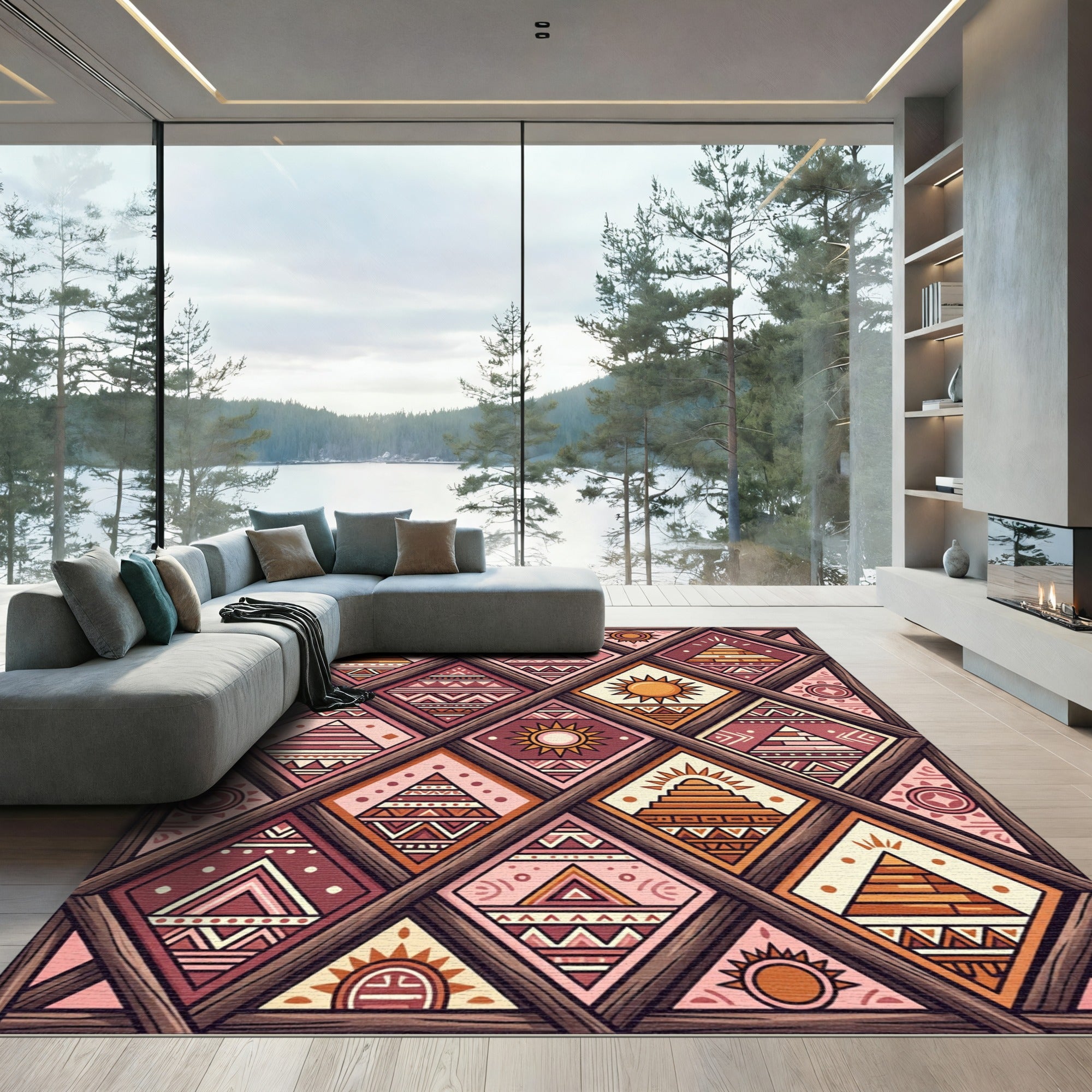 Terracotta Sun Diamond Geometric Pattern Rug