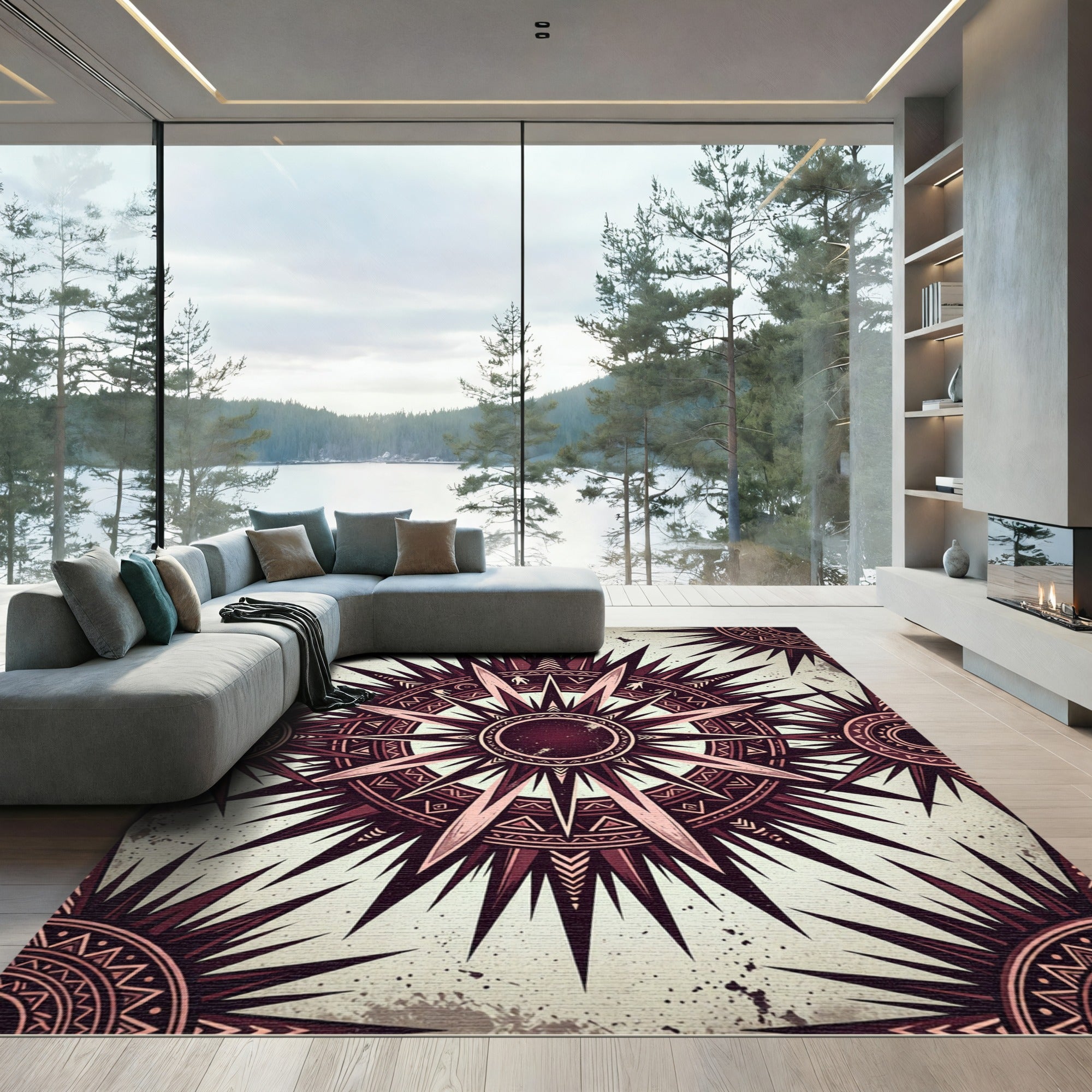 Dark Crimson Celestial Star Compass Rug
