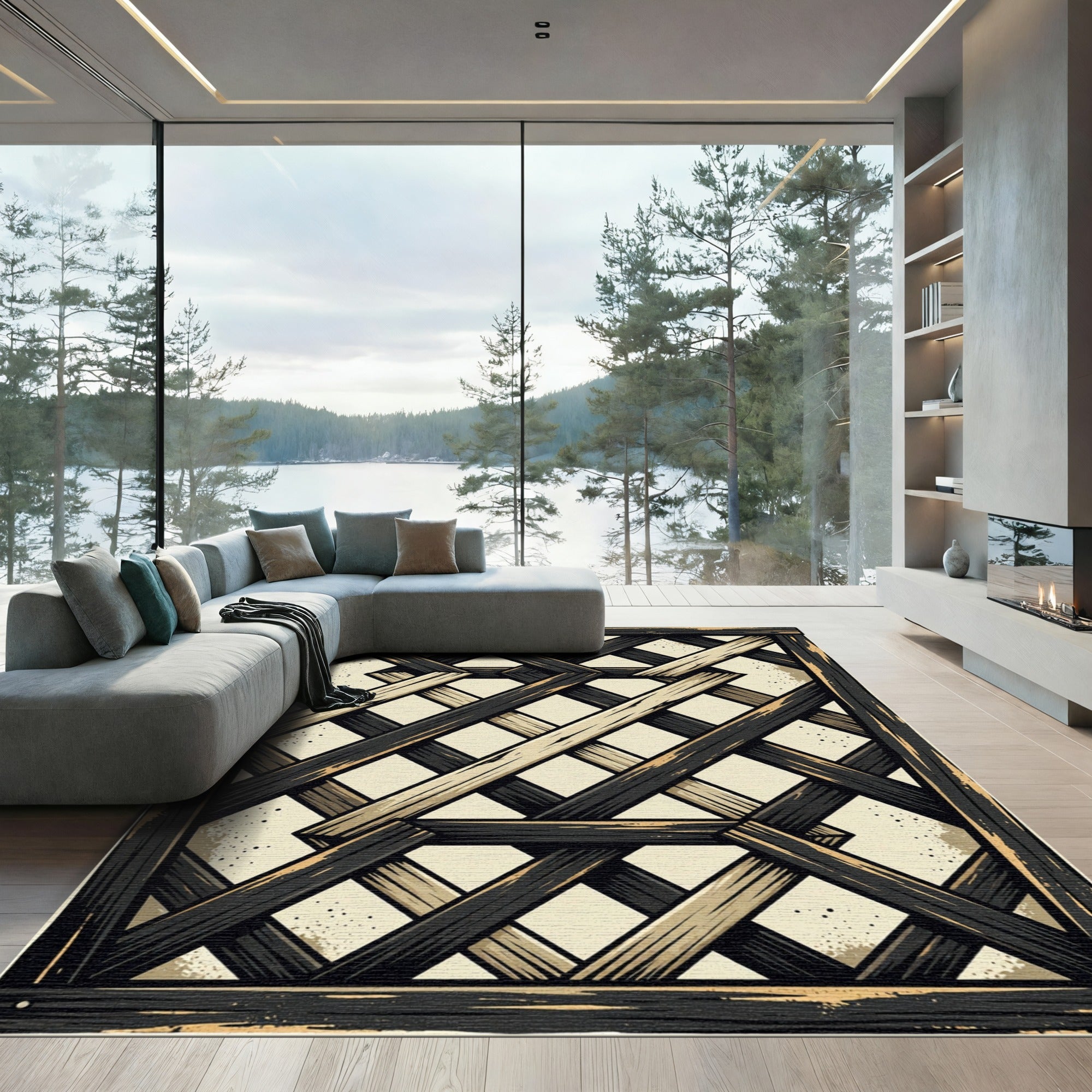 Dark Wood Geometric Lattice Grid Rug