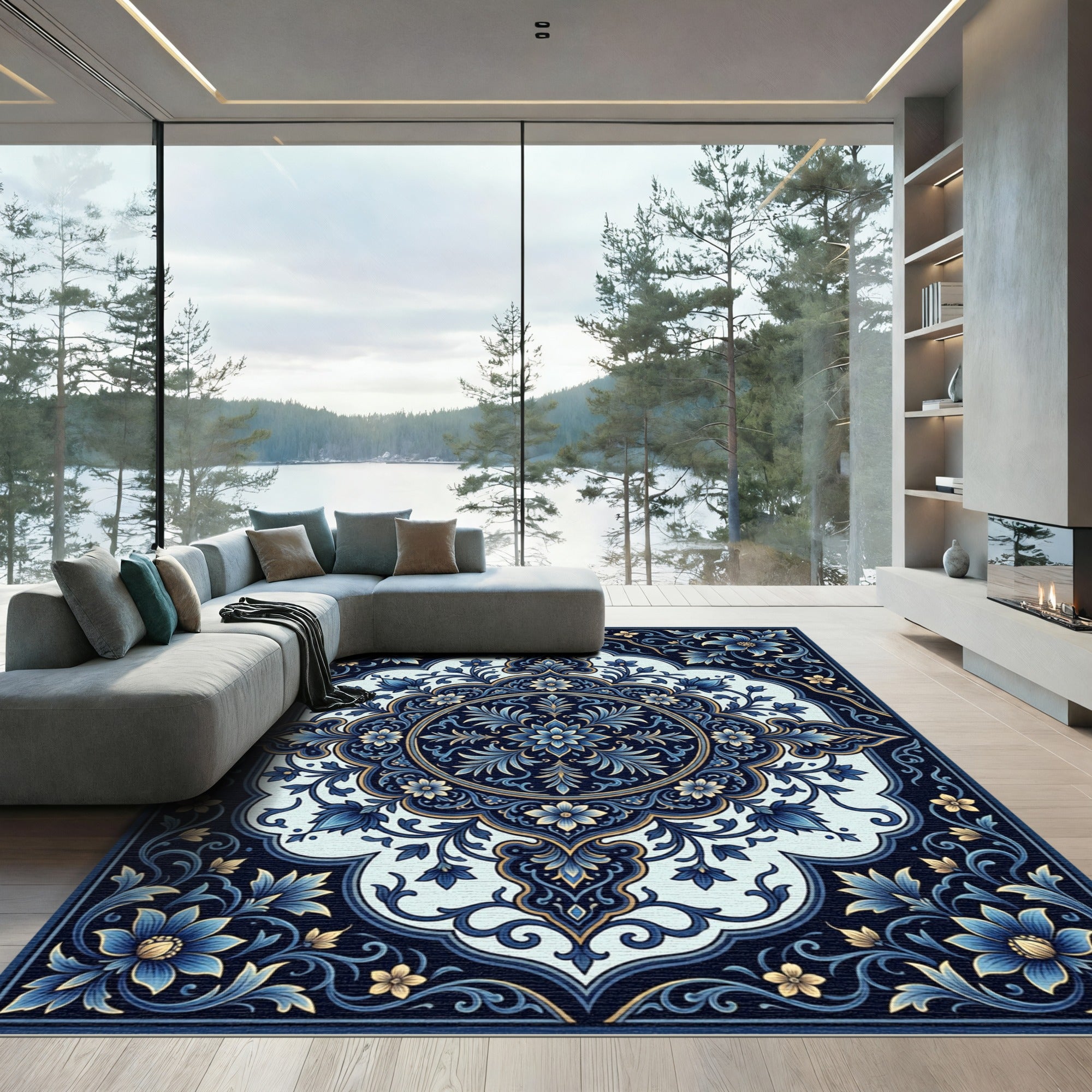Midnight Blue Floral Medallion Rug