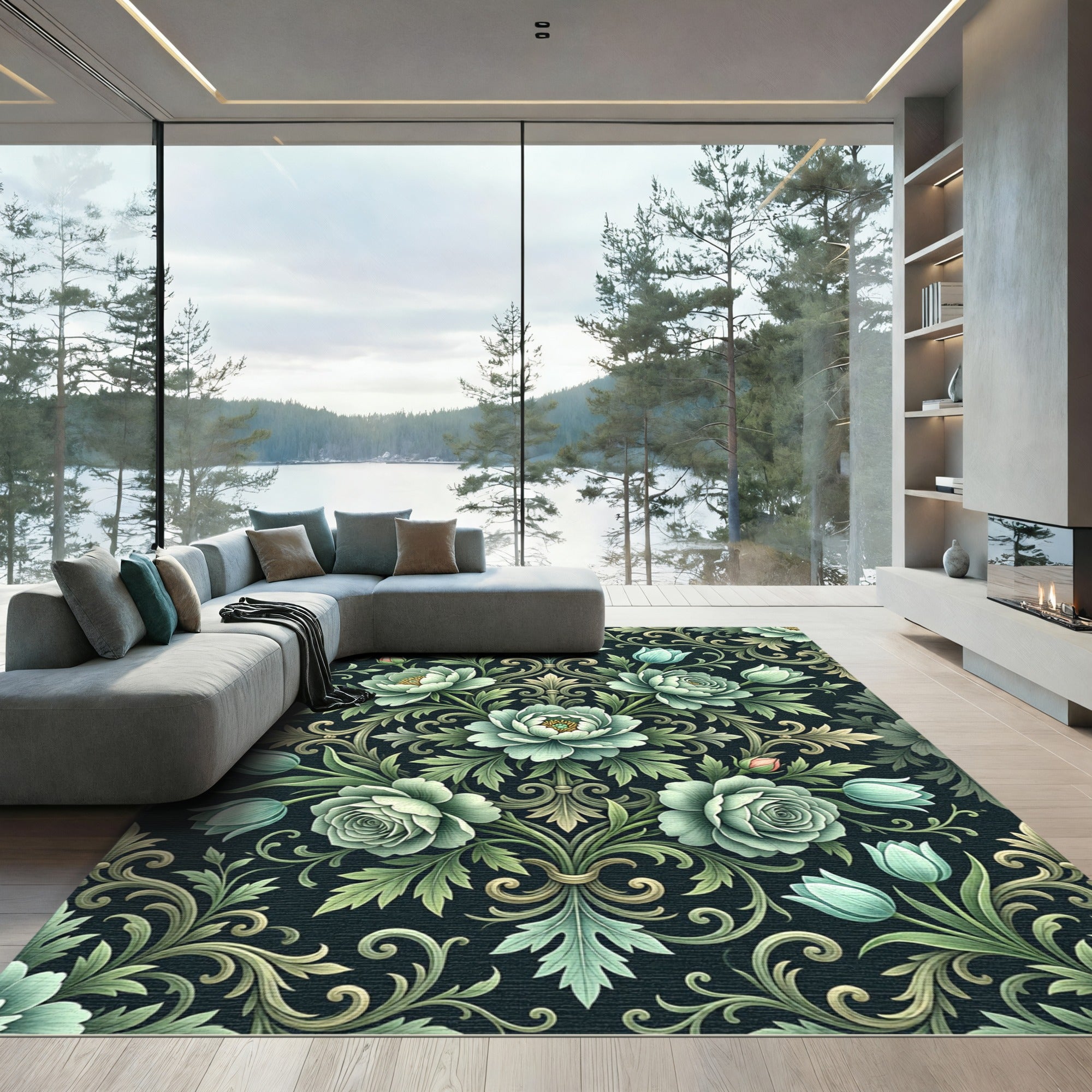 Pale Teal Floral Acanthus Swirl Rug