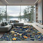 Golden Chinoiserie Floral Pagoda Navy Rug