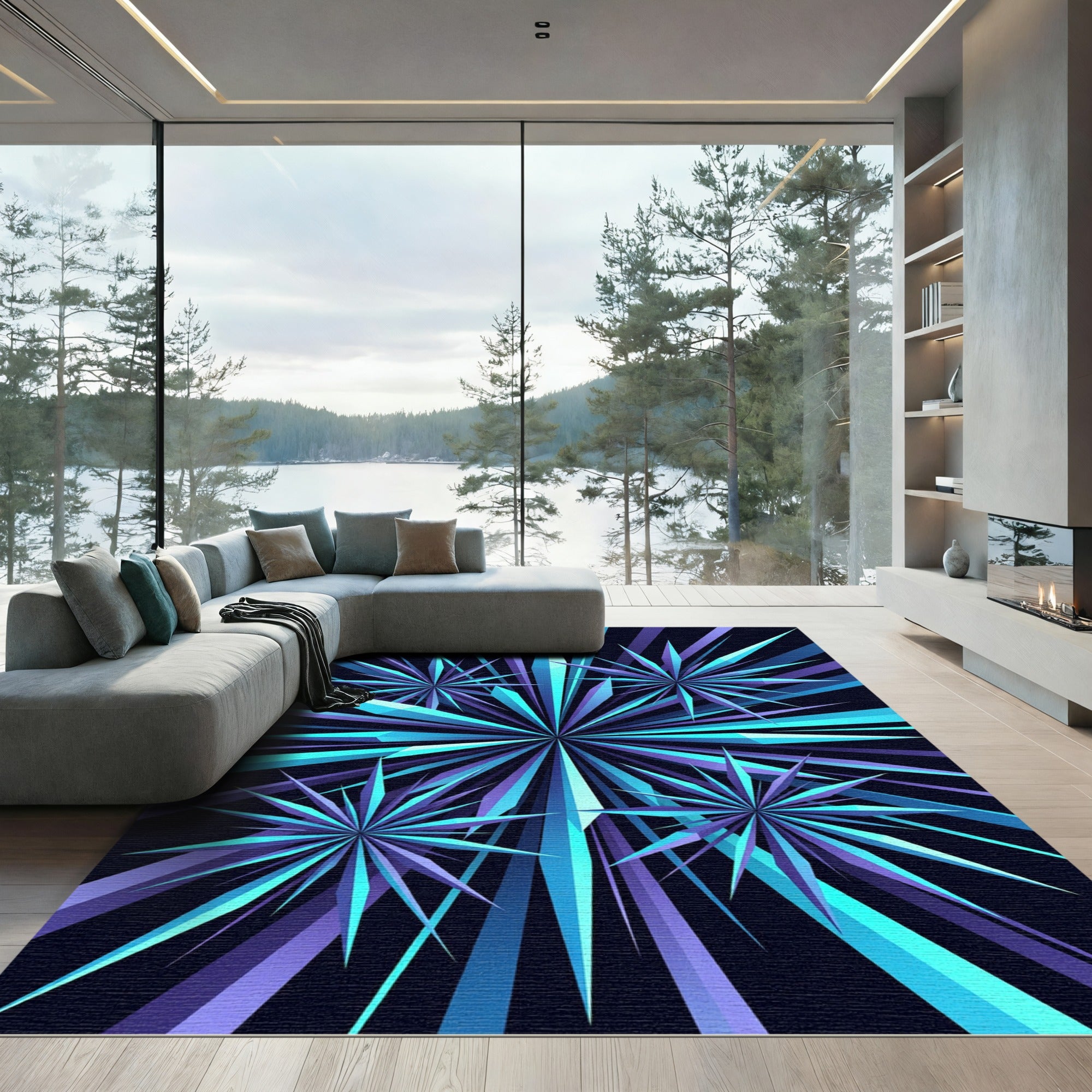Radiant Blue Geometric Starburst Abstract Rug