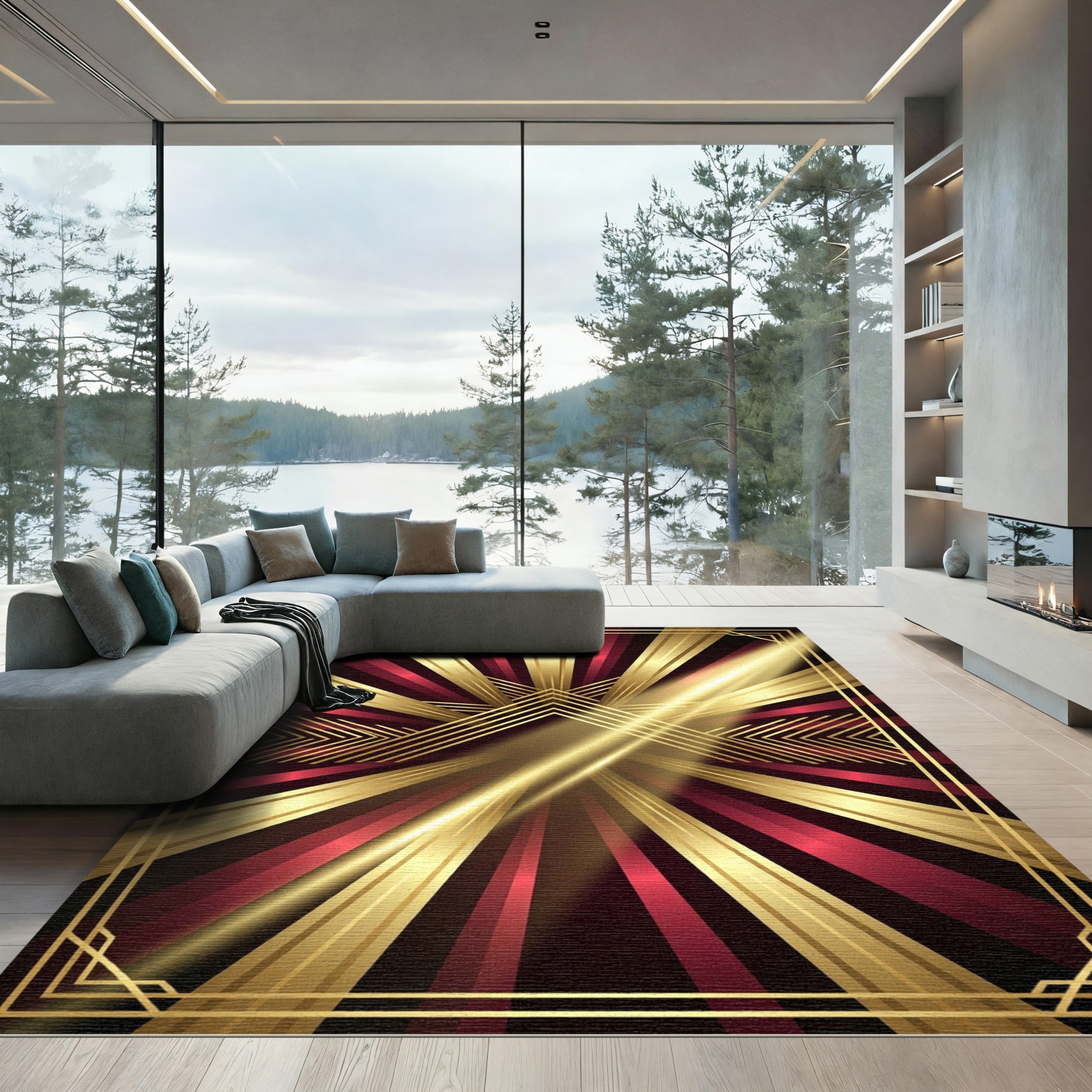 Art Deco Sunburst Red Gold Rays Rug