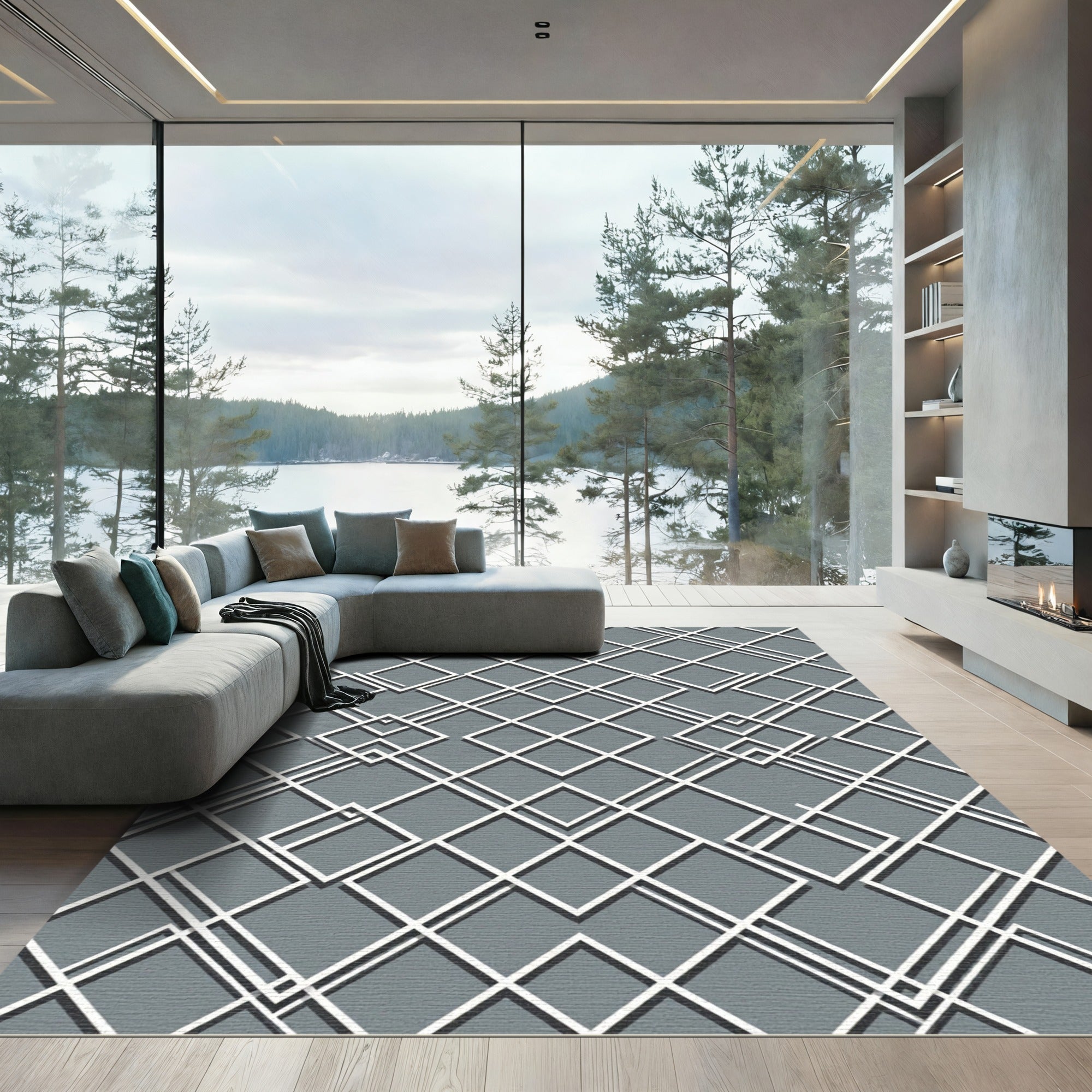 Sophisticated Charcoal Gray Interlocking Diamond Grid Rug