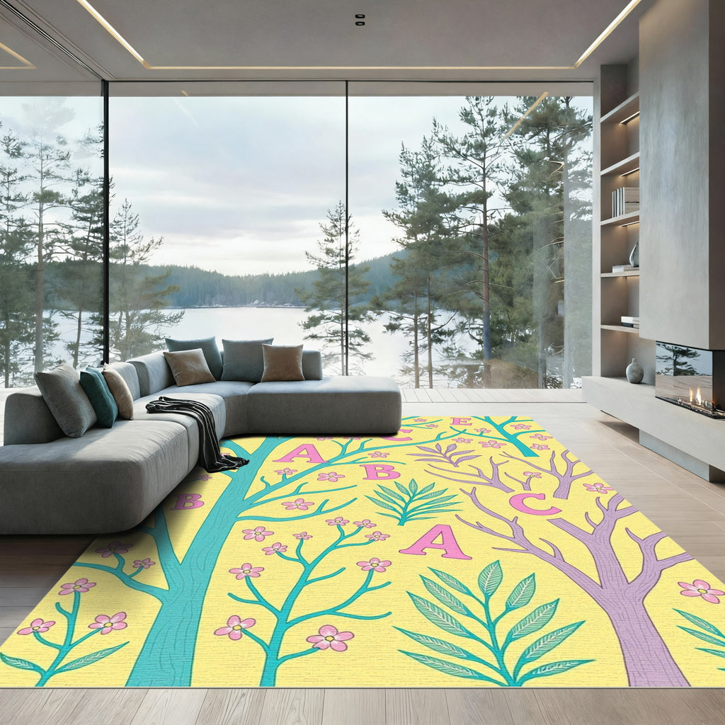 Whimsical Cherry Blossom Alphabet Trees Rug