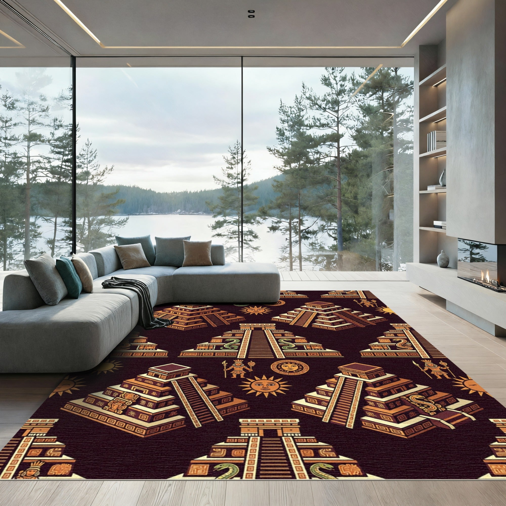 Aztec Sun Serpent Ancient Step Pyramid Rug