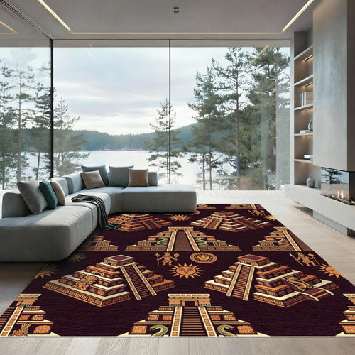 Aztec Sun Serpent Ancient Step Pyramid Rug