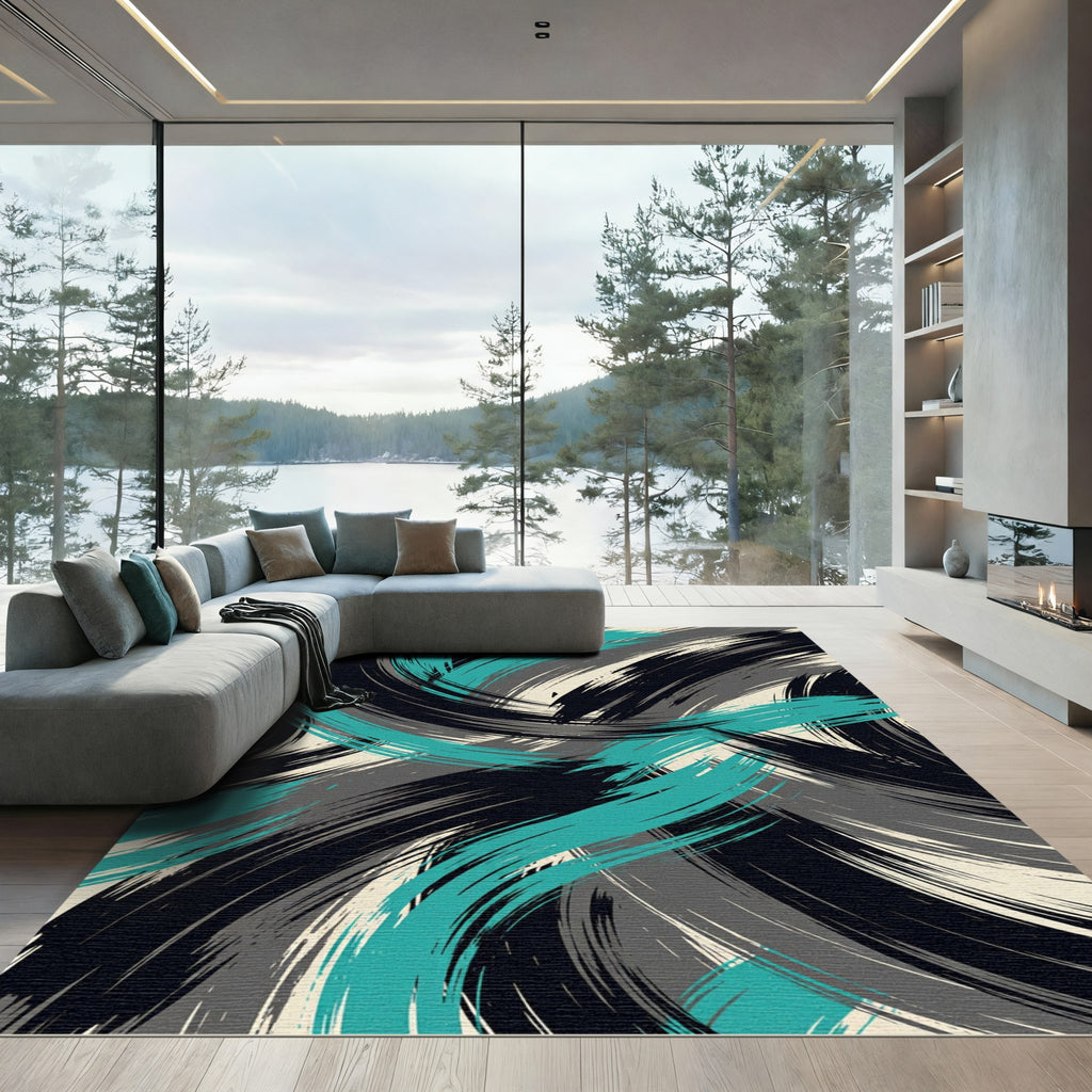 Abstract Teal Black Swirl Rug