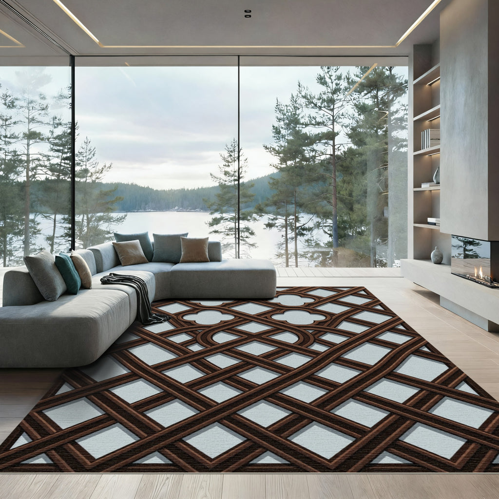 Dark Brown Lattice Quatrefoil Geometric Rug