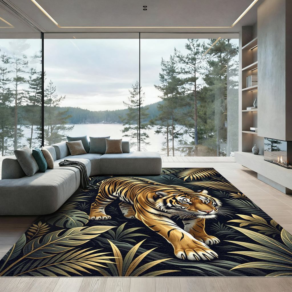 Golden Tiger Amidst Tropical Foliage Rug