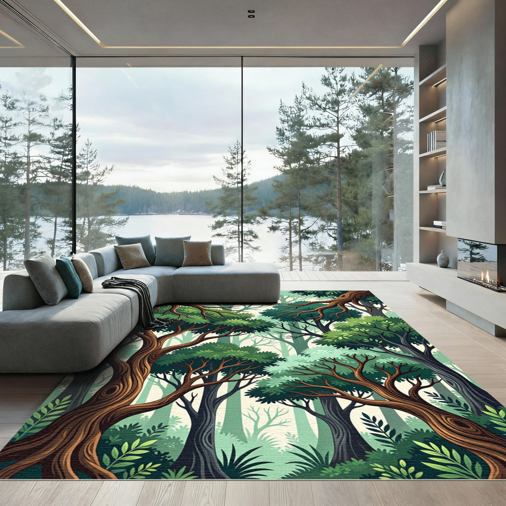 Lush Green Forest Canopy Art Illustration Rug