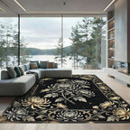 Golden Chrysanthemum Noir Botanical Illustration Rug