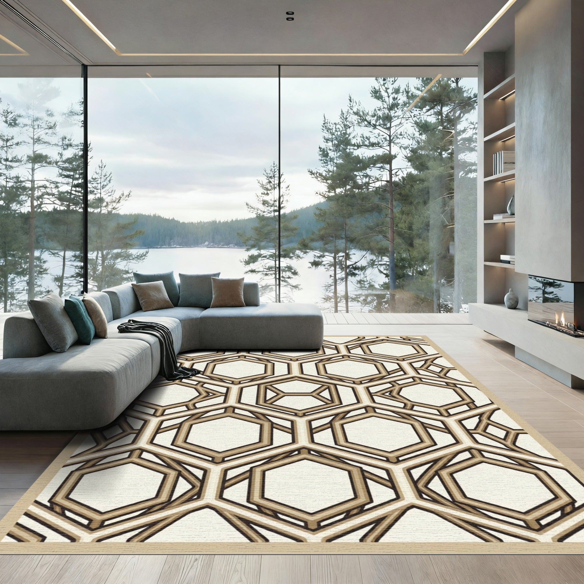 Sophisticated Beige and Brown Geometric Hexagon Rug