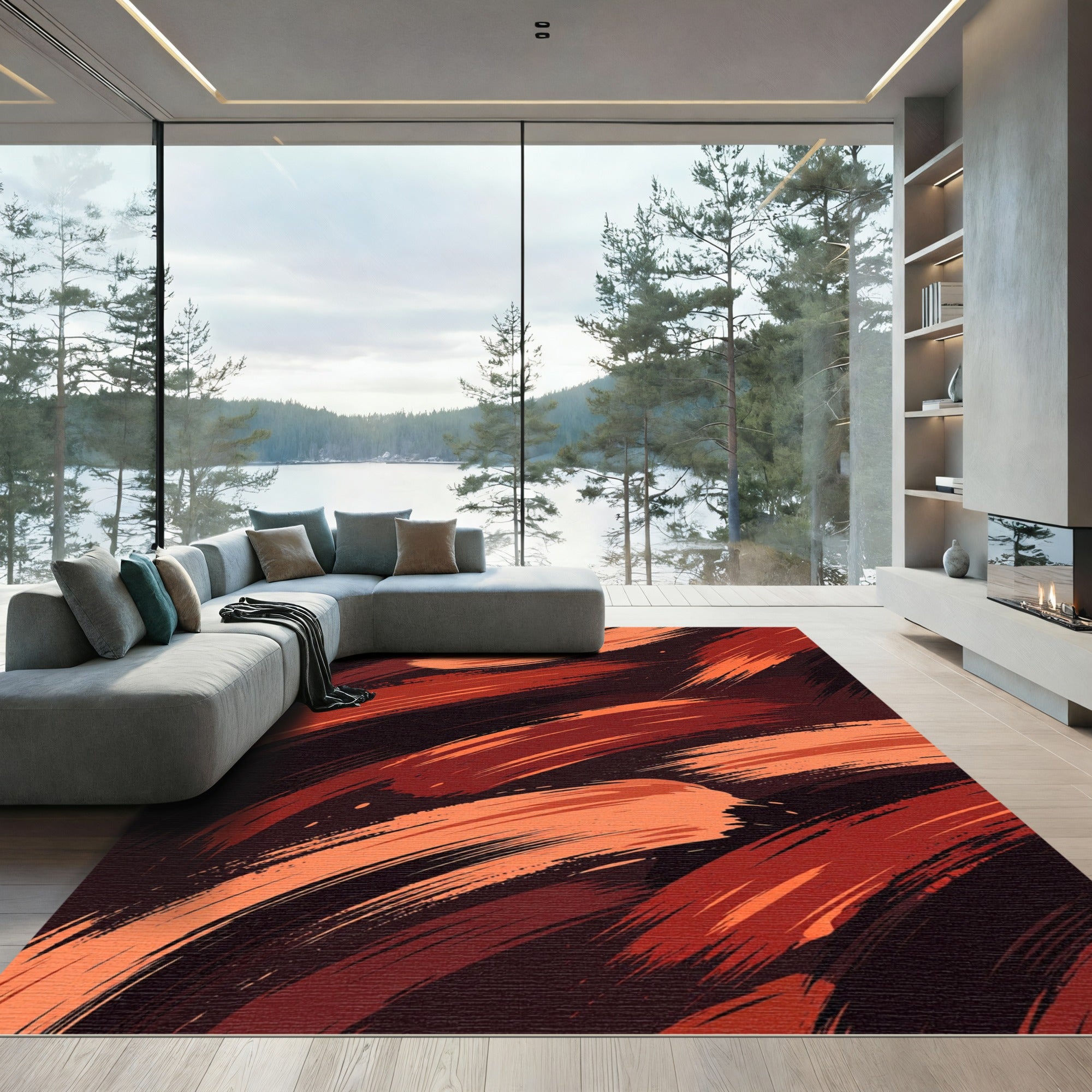 Abstract Burnt Orange Brushstroke Swirls Rug