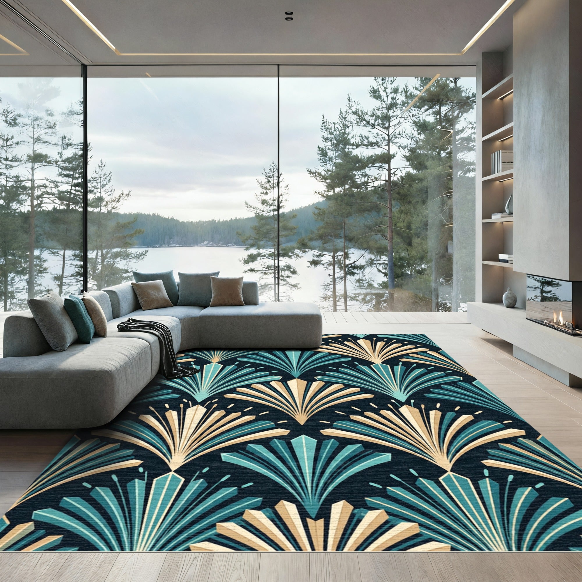 Art Deco Teal Gold Fan Scatter Rug