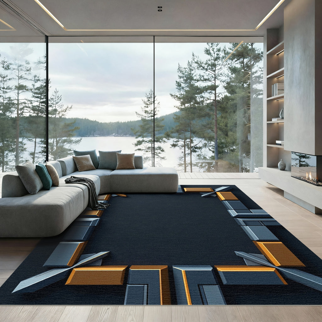 Geometric Blue Gold Metal Frame Rug