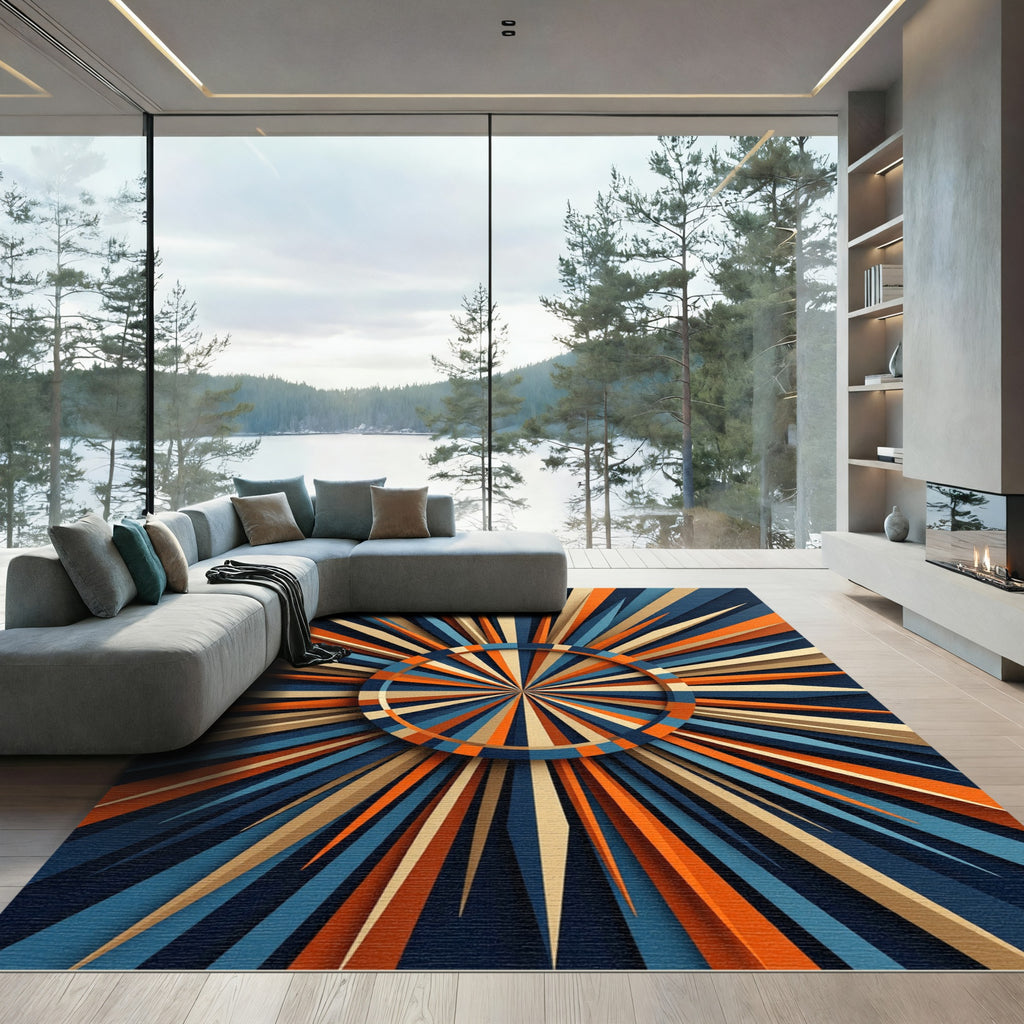 Geometric Retro Sunburst Navy Orange Rug