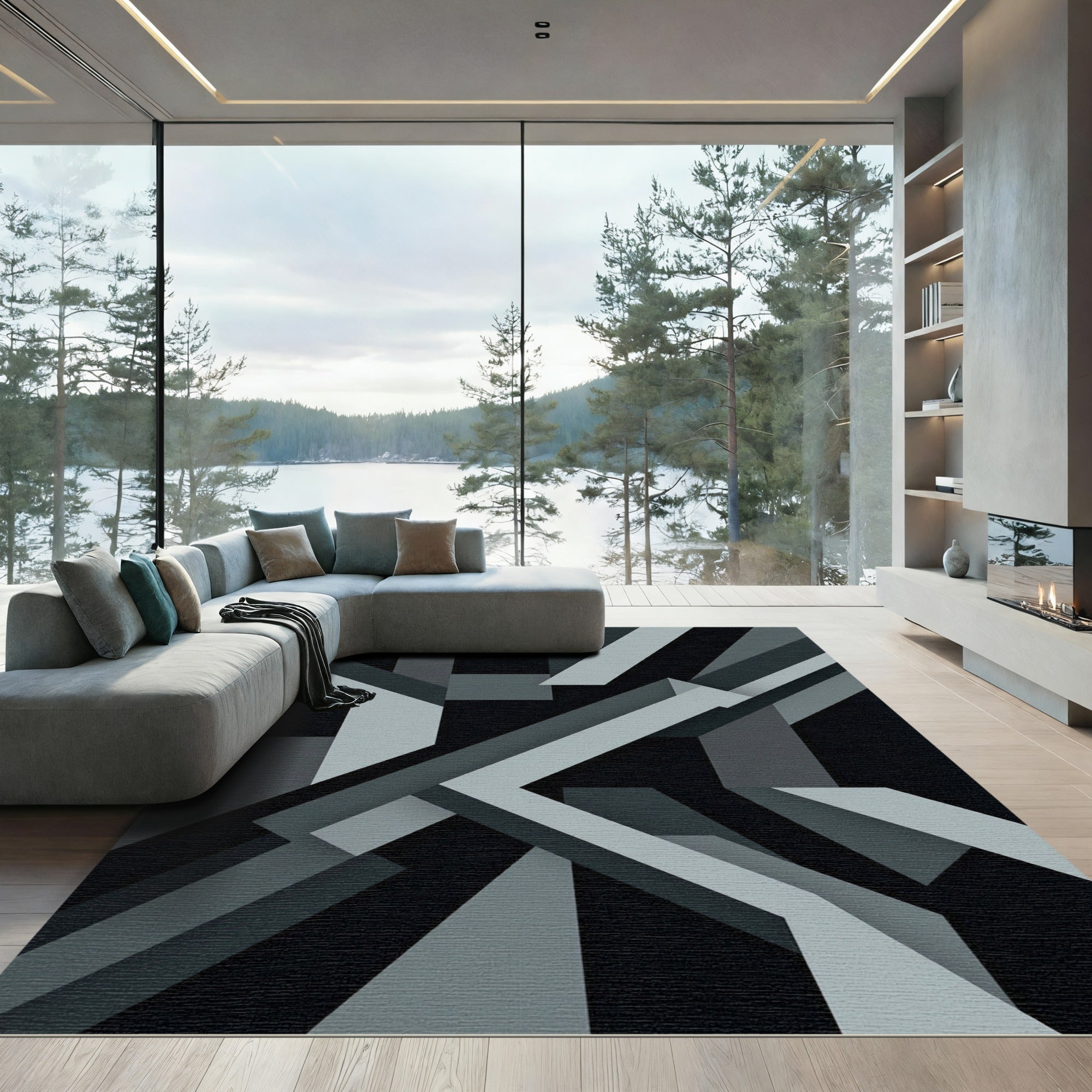 Monochrome Abstract Geometric Intersecting Lines Rug