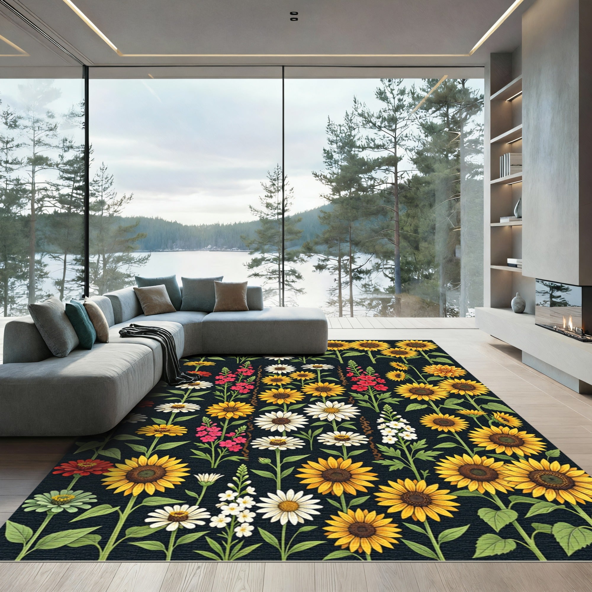 Botanical Sunflower and Daisy Garden Meadow Rug