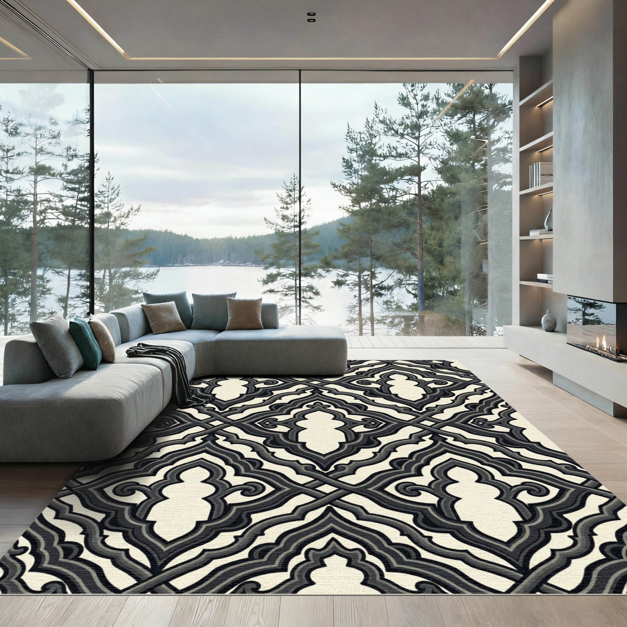 Ornate Black Ivory Lattice Arch Rug