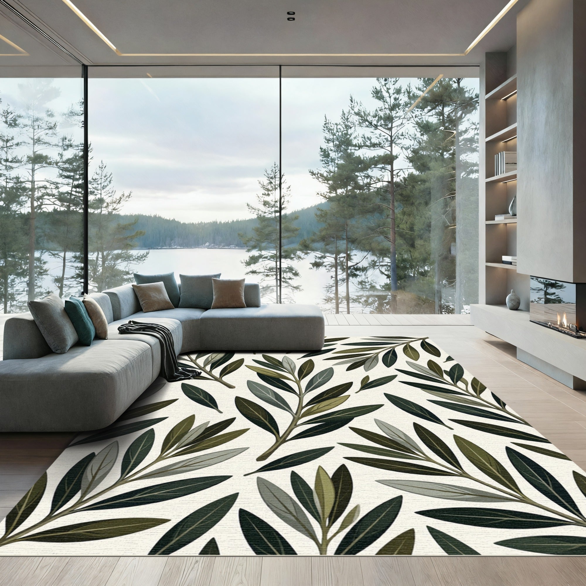 Earthy Green Olive Branch Collage Rug
