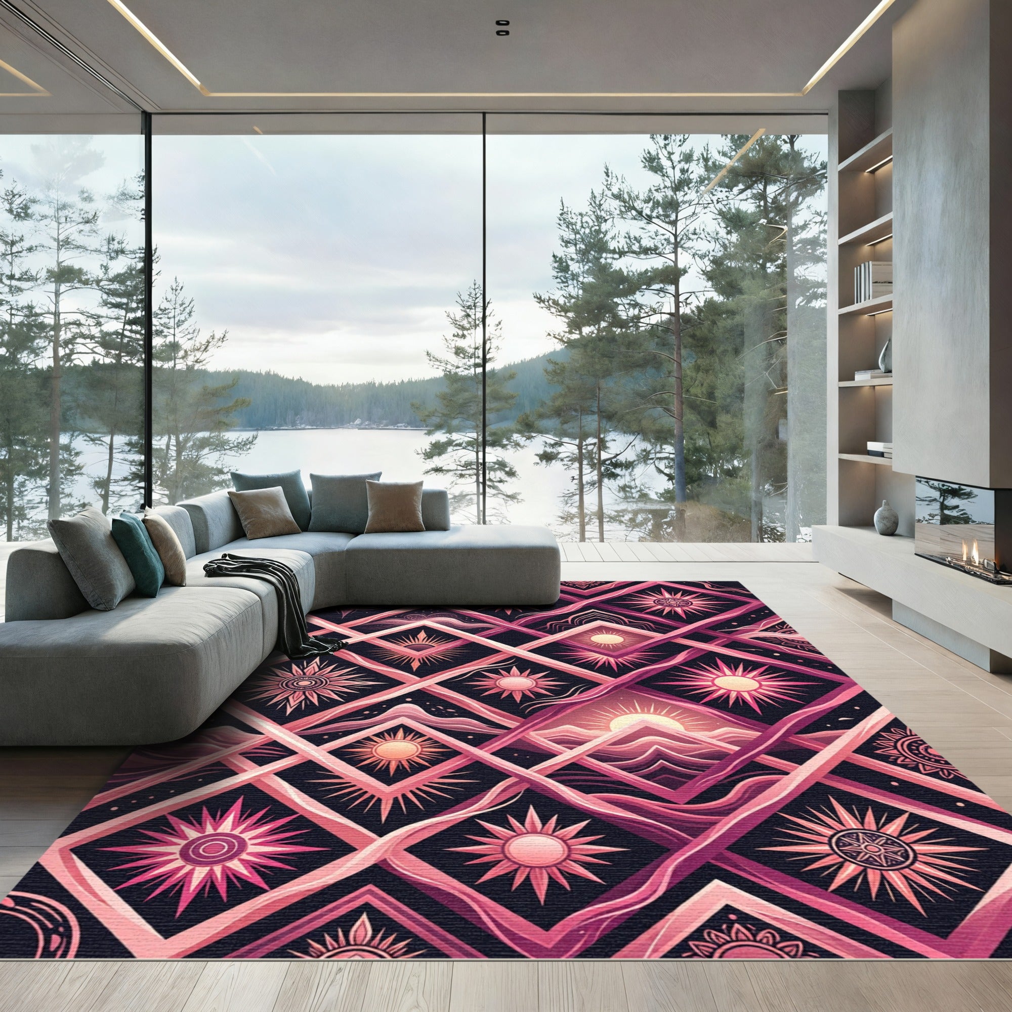 Celestial Sun Diamond Geometric Pink Art Rug
