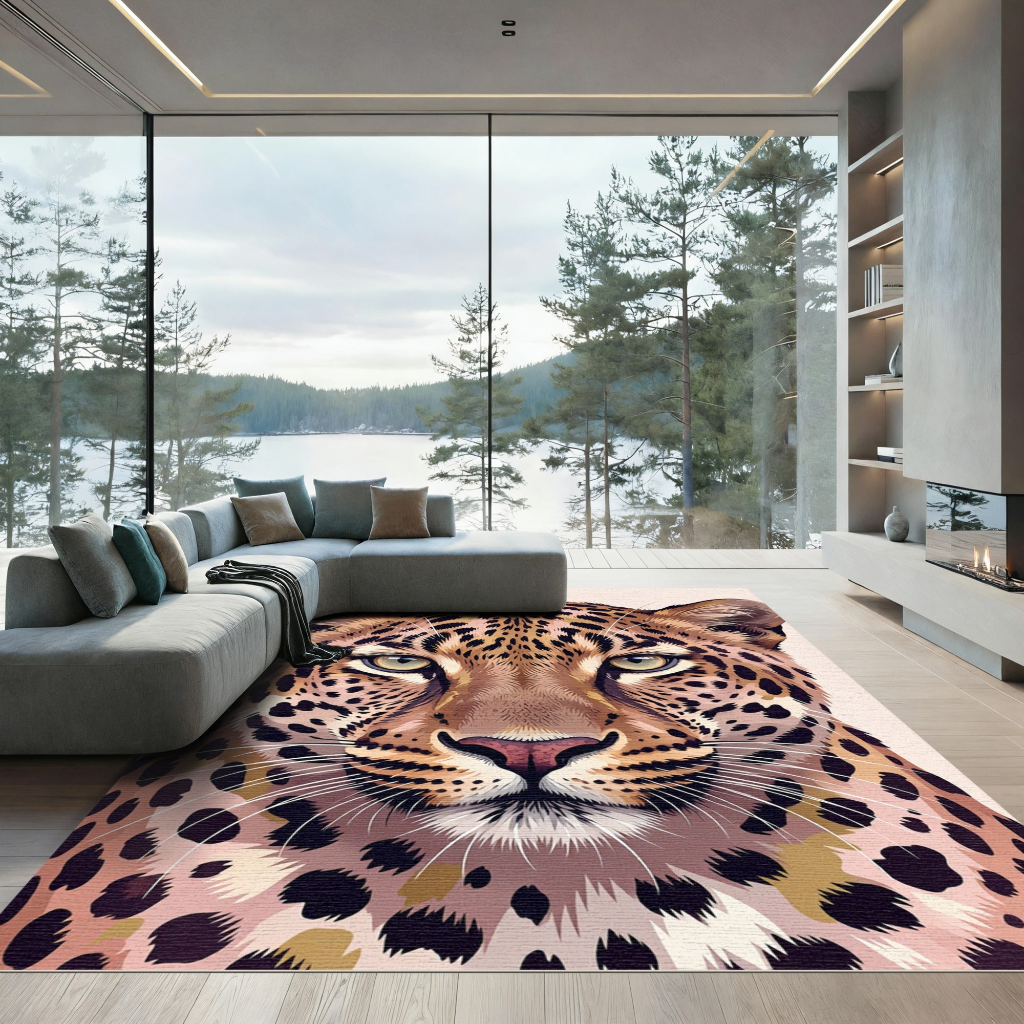 Majestic Golden Leopard Portrait Face Rug