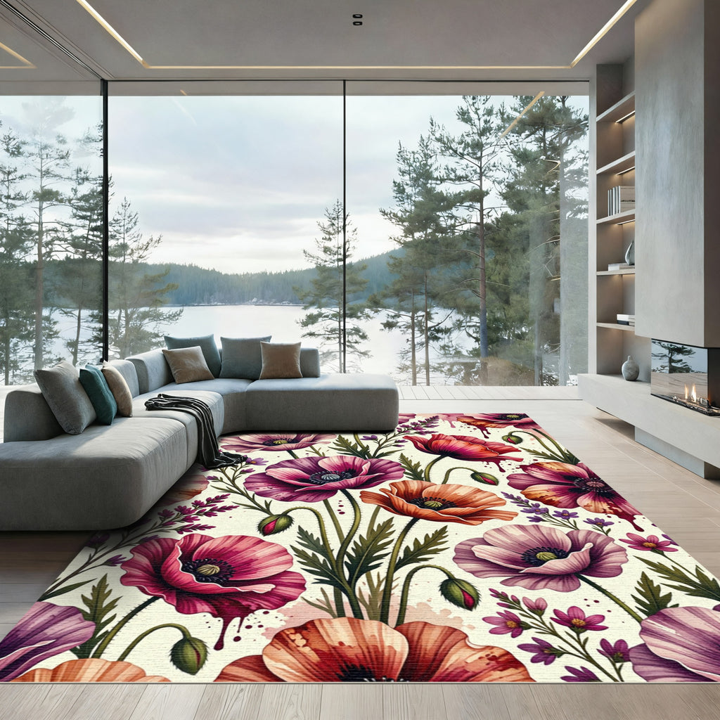 Watercolor Poppy and Lavender Botanical Garden Rug