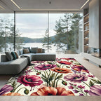 Watercolor Poppy and Lavender Botanical Garden Rug