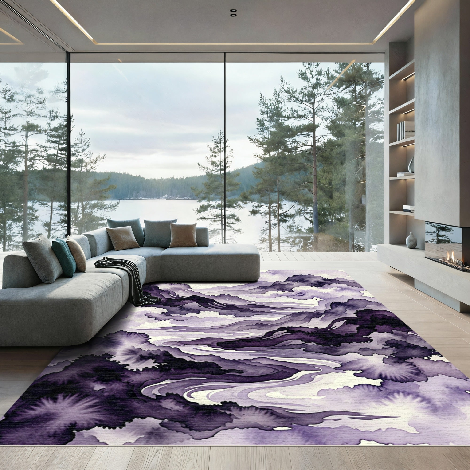 Deep Purple Ink Wash Mountain Panorama Rug