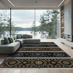 Intricate Gold Black Starburst Medallion Runner Rug