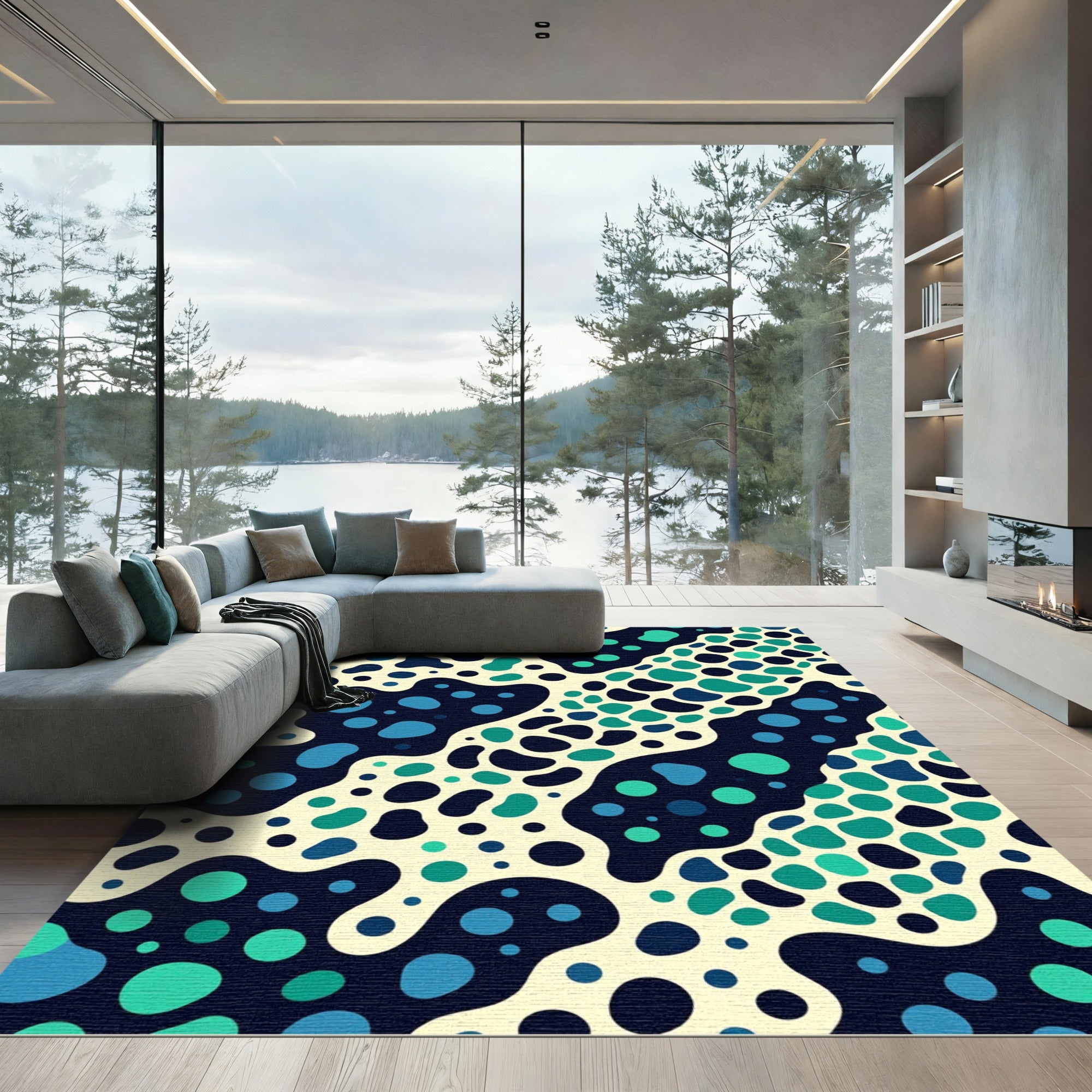 Abstract Teal Blue Fluid Polka Dot Rug