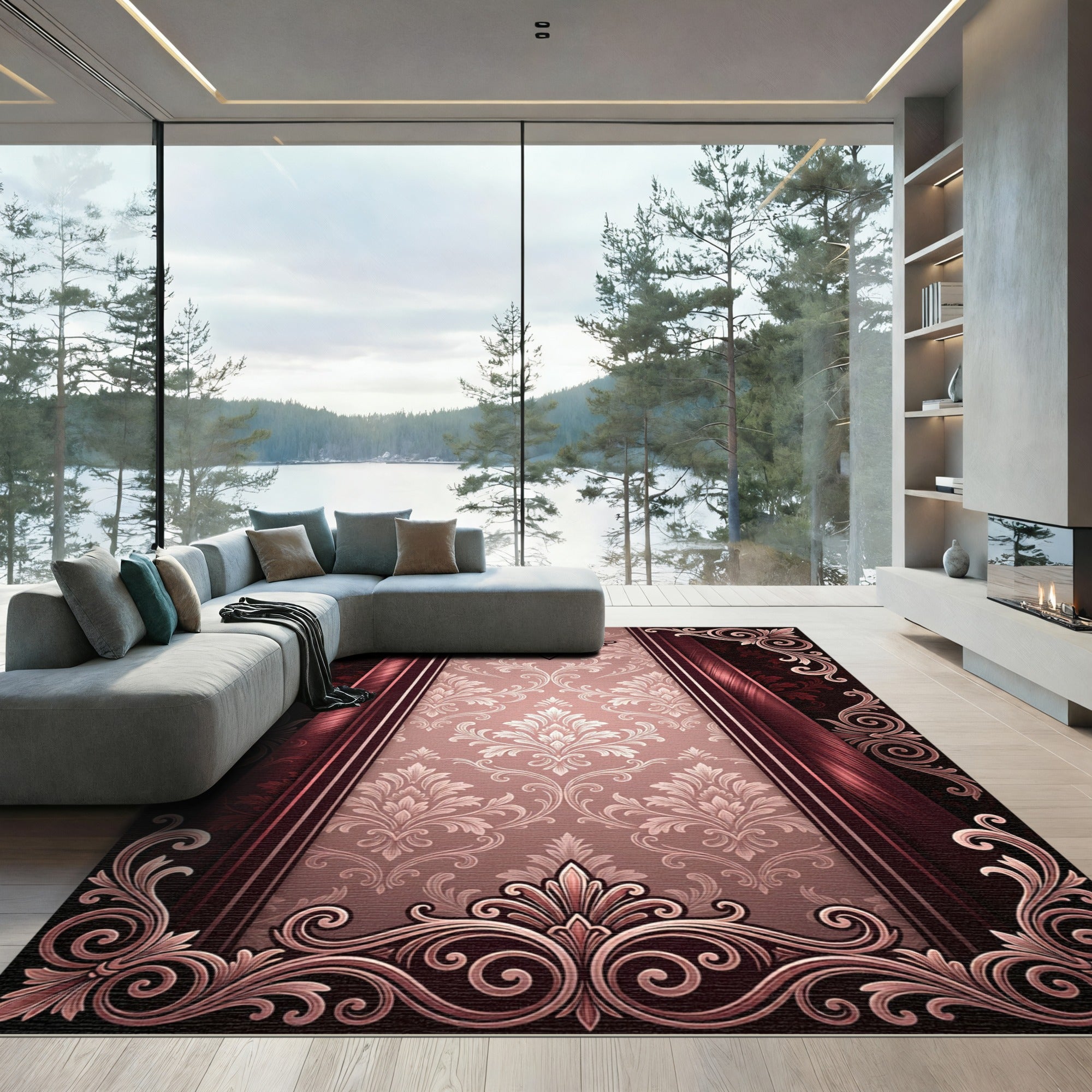 Elegant Rose Gold Victorian Damask Rug