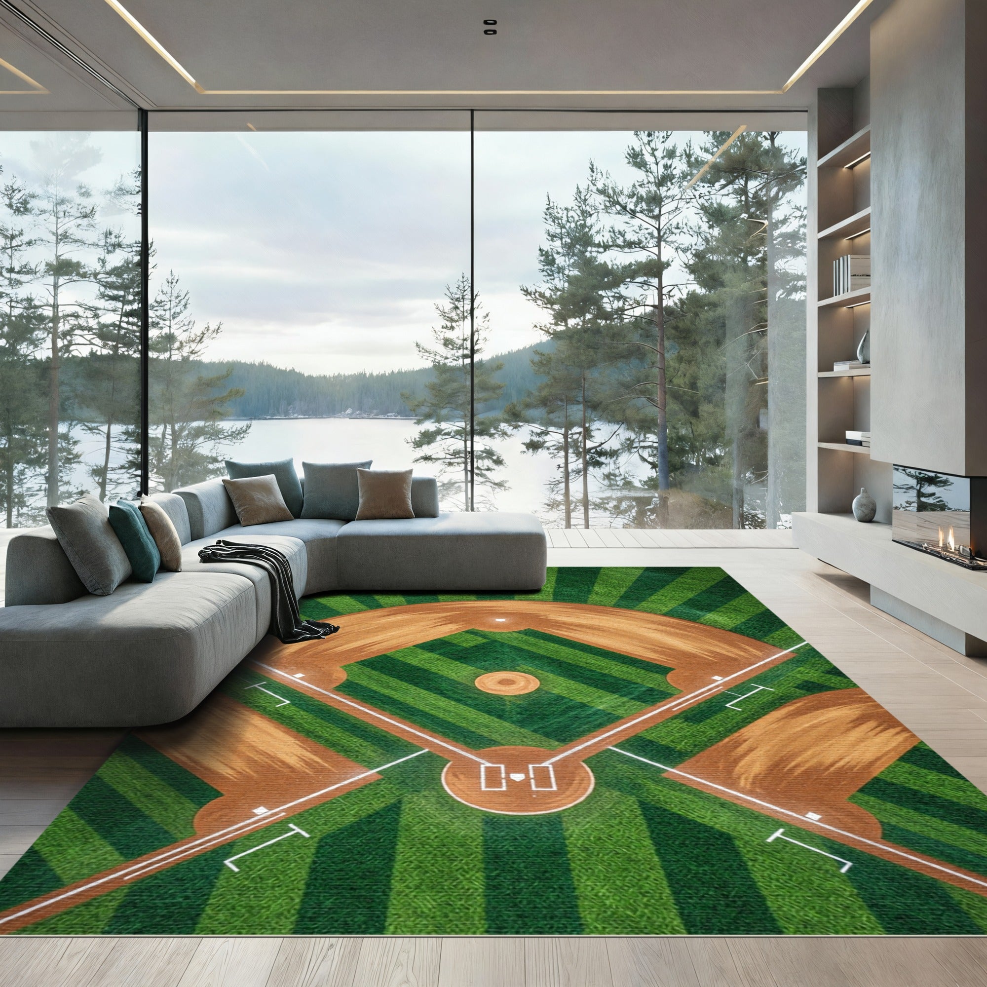 Geometric Baseball Field Green Grass Rug