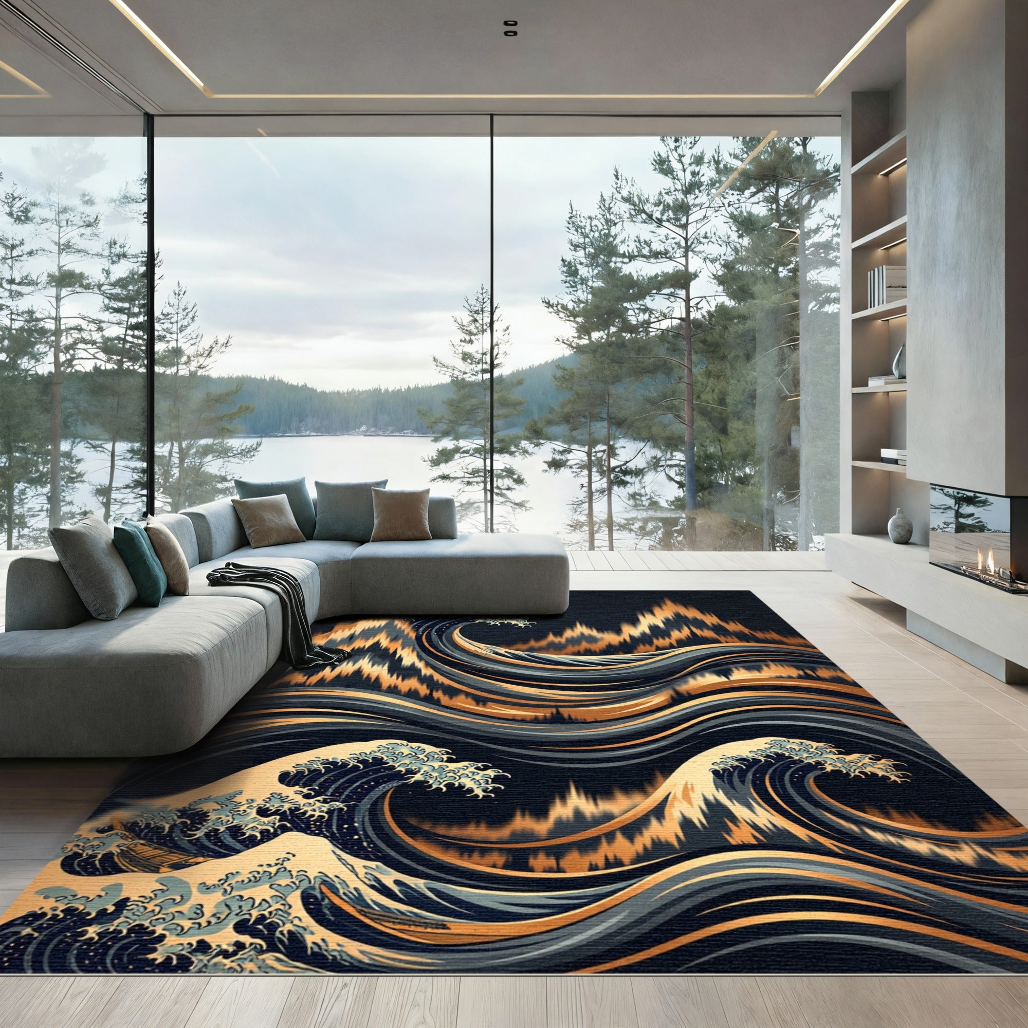 Bold Gold Abstract Wave Composition Rug