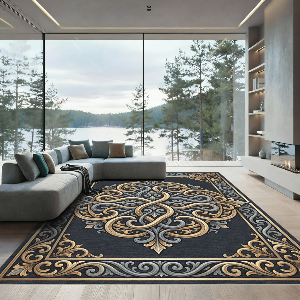 Ornate Gold and Silver Scroll Medallion Rug