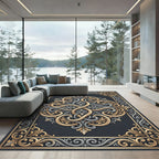 Ornate Gold and Silver Scroll Medallion Rug