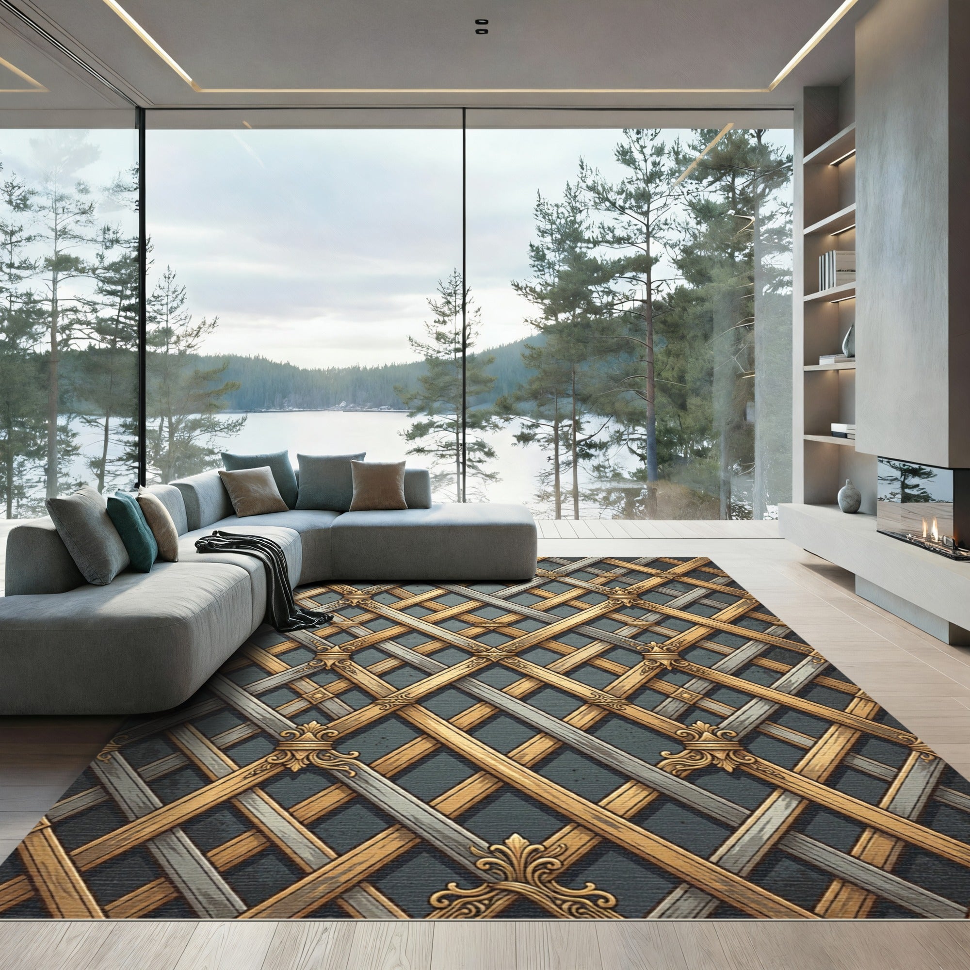 Ornate Golden Lattice Silver Plaid Rug