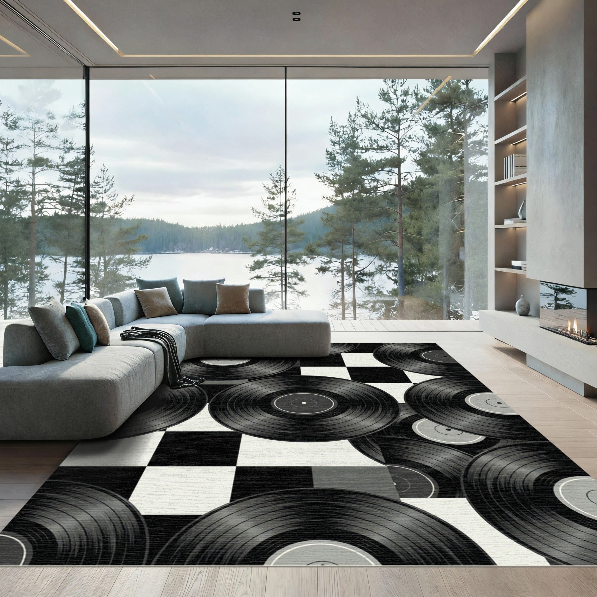 Retro Vinyl Record Checkered Monochrome Art Rug
