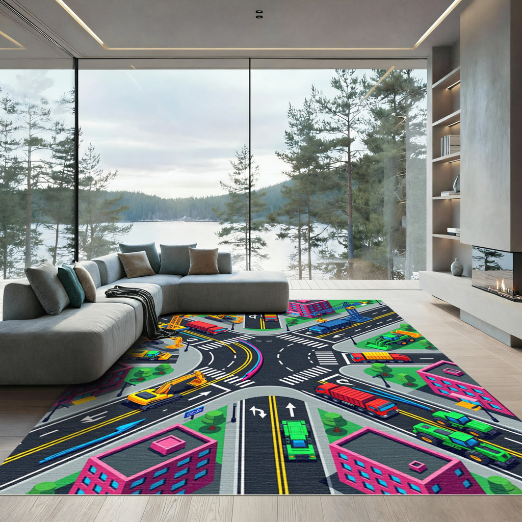 Isometric Urban Construction City Grid Rug