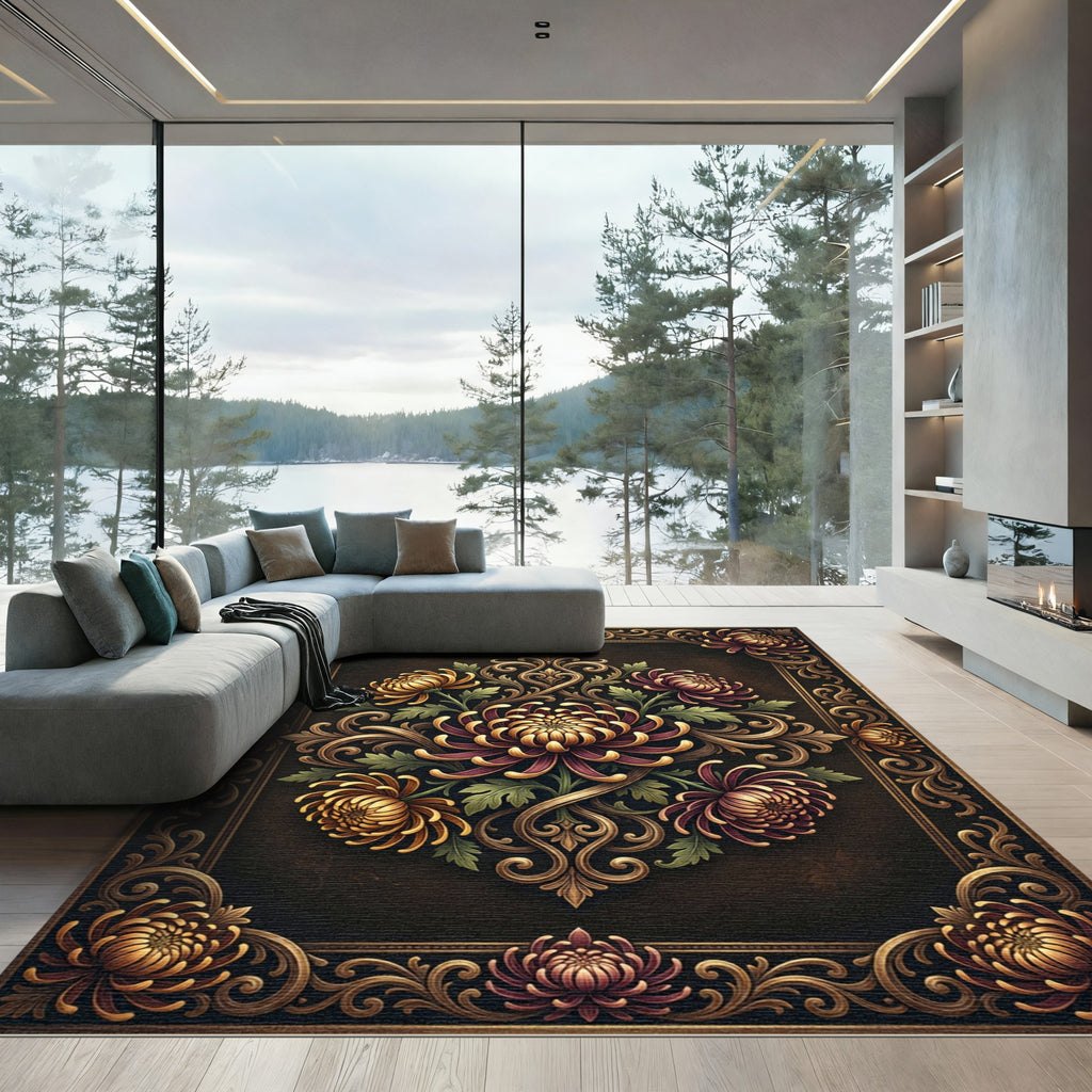 Ornate Gold Floral Chrysanthemum Scroll Rug