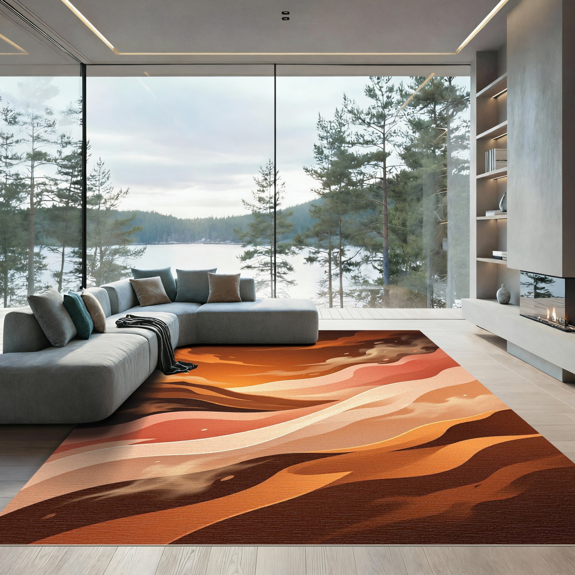 Earthy Abstract Copper Sunset Wave Rug