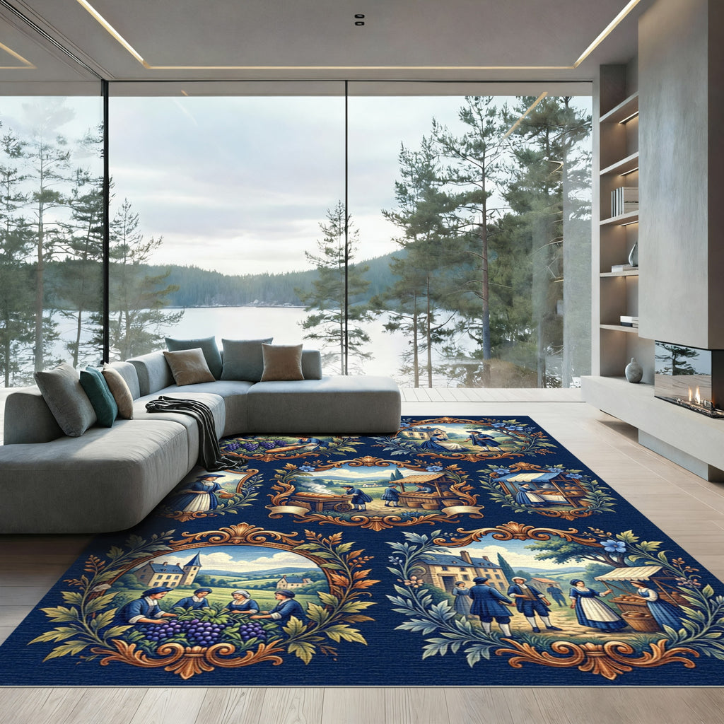 Colonial Blue European Rural Scenes Rug