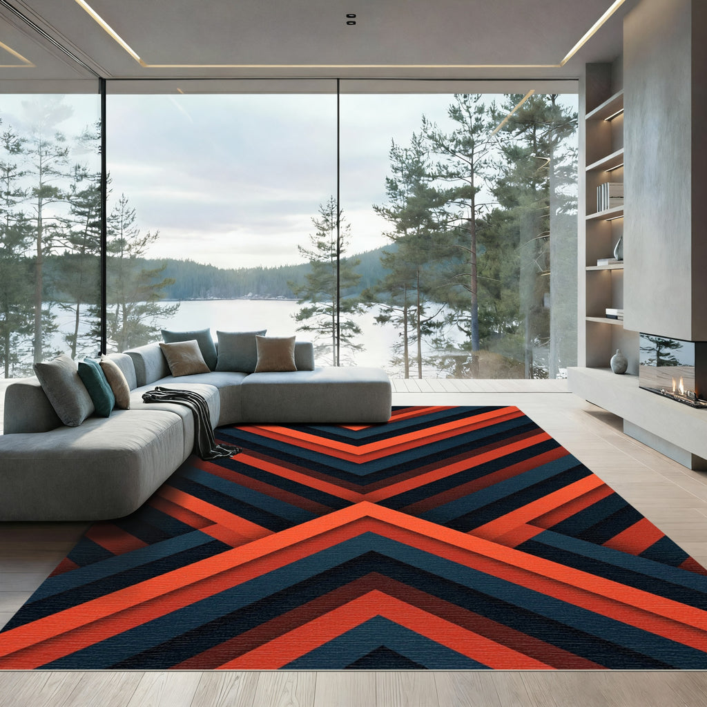 Modern Orange Charcoal Geometric Chevron Rug